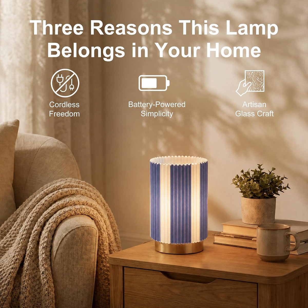 Battery Operated Lamp, Glass Cordless Table Lamp with Timer