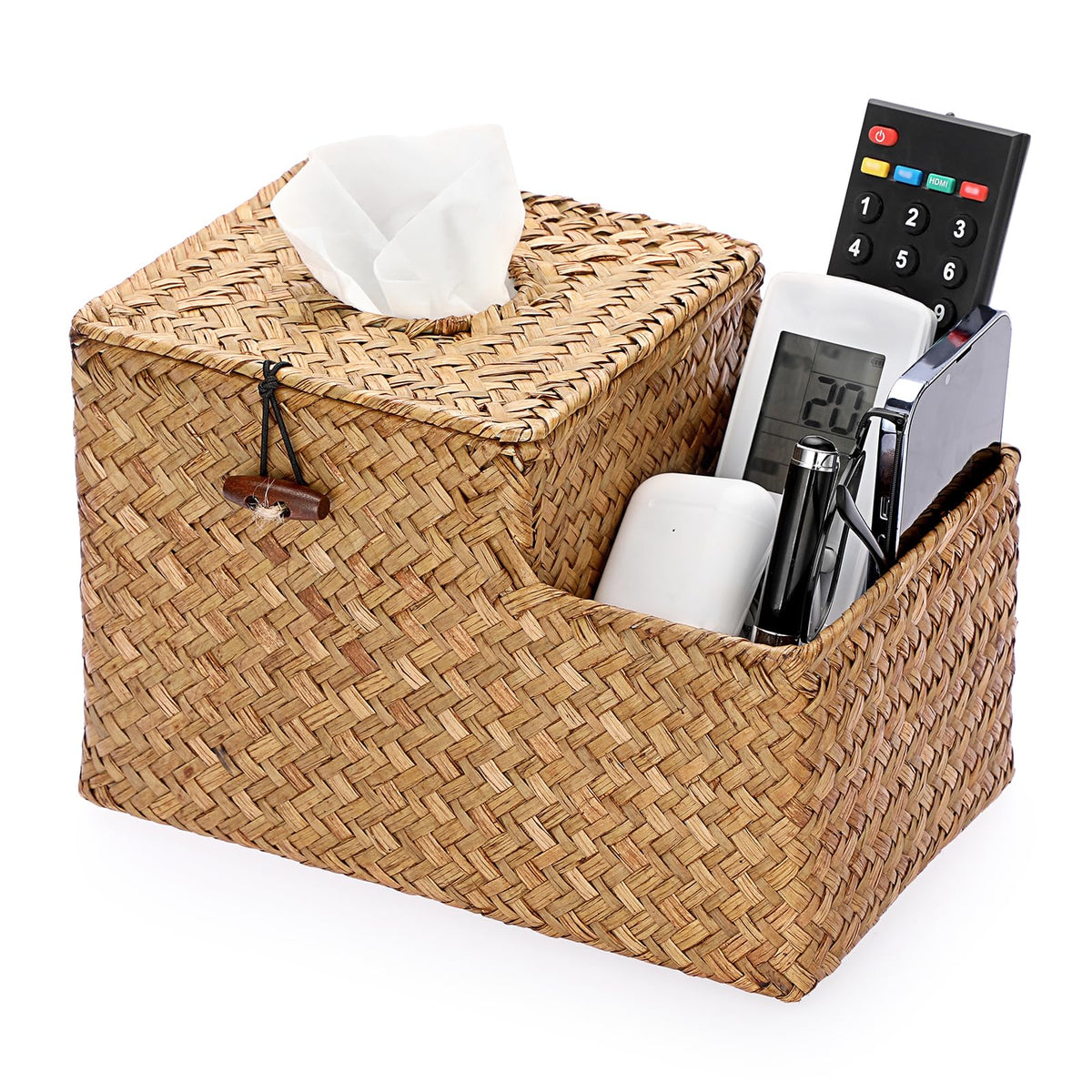 Sumnacon Tissue Box Cover Square Tissue Box Woven Seagrass Tissue Box Holder with Side Organizer, Rustic Tissue Holder for Living Room Bathroom Bedroom Kitchen Office Table Desk, Coffee