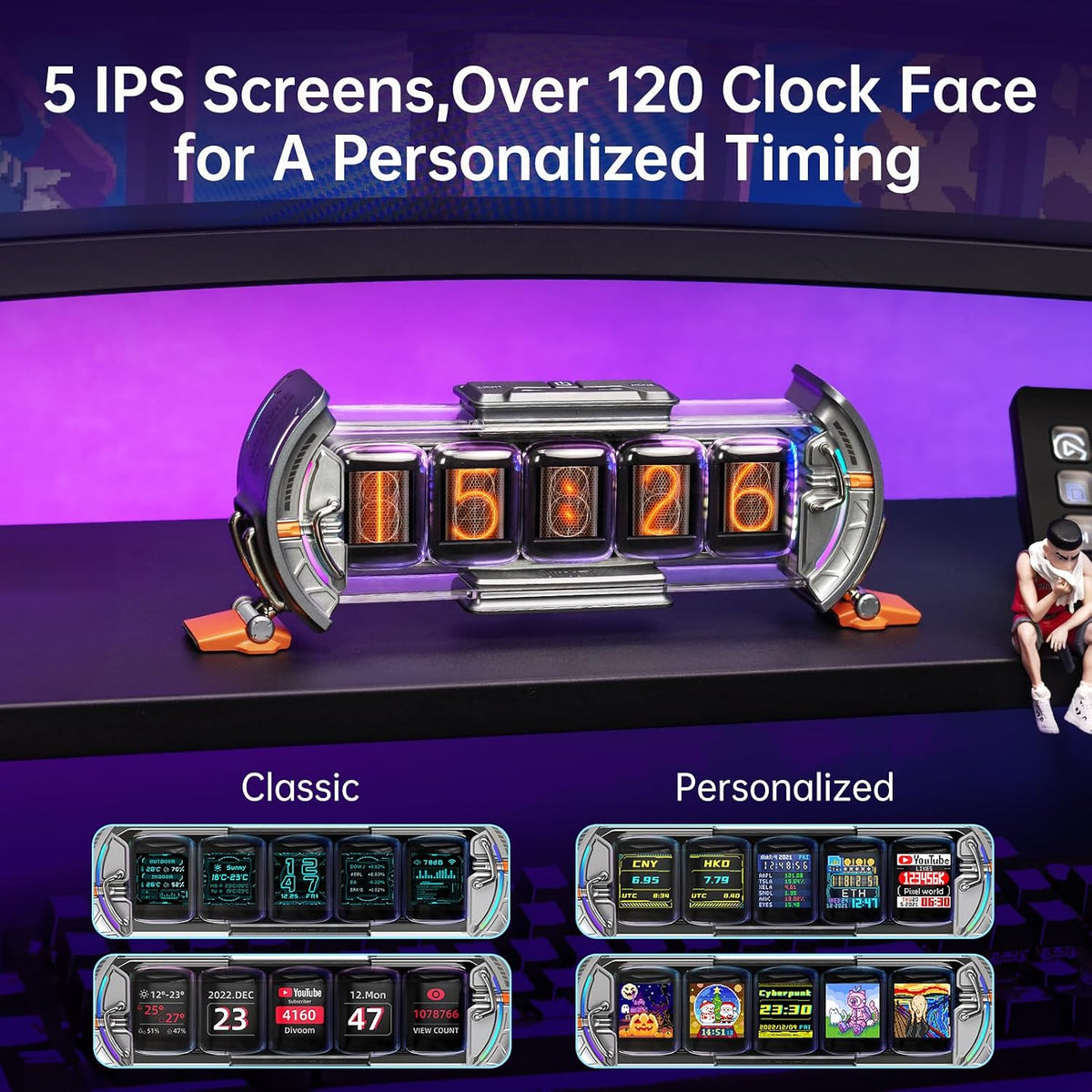 Divoom Times Gate - Cyberpunk Gaming Setup Digital Alarm Clock, Smart APP, WiFi Connect, RGB LED Display, Personalized Financial & Bitcoin Dashboard, Pixel Art for Gaming Room & Office Decor, Silver