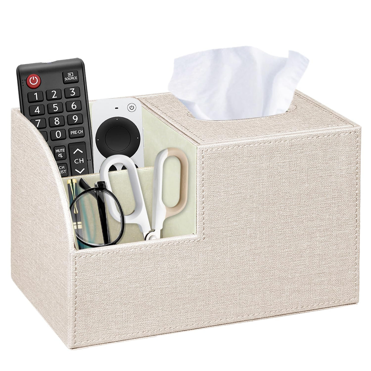Square Tissue Box Cover with Storage, PU Leather Facial Cube Tissue Holder