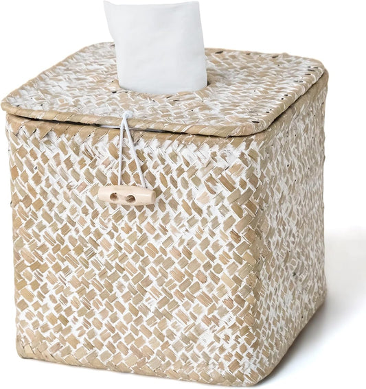 Seagrass Tissue Box Cover Square, Woven Wicker Tissue Box Holder, Whitewash