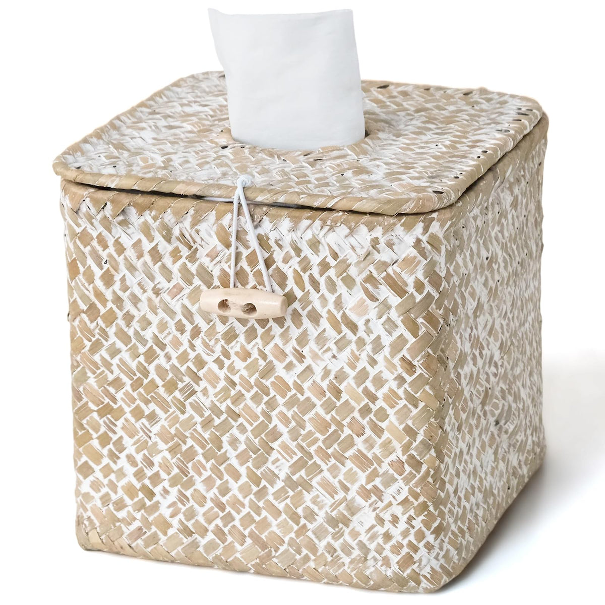 Seagrass Tissue Box Cover Square, Woven Wicker Tissue Box Holder, Whitewash