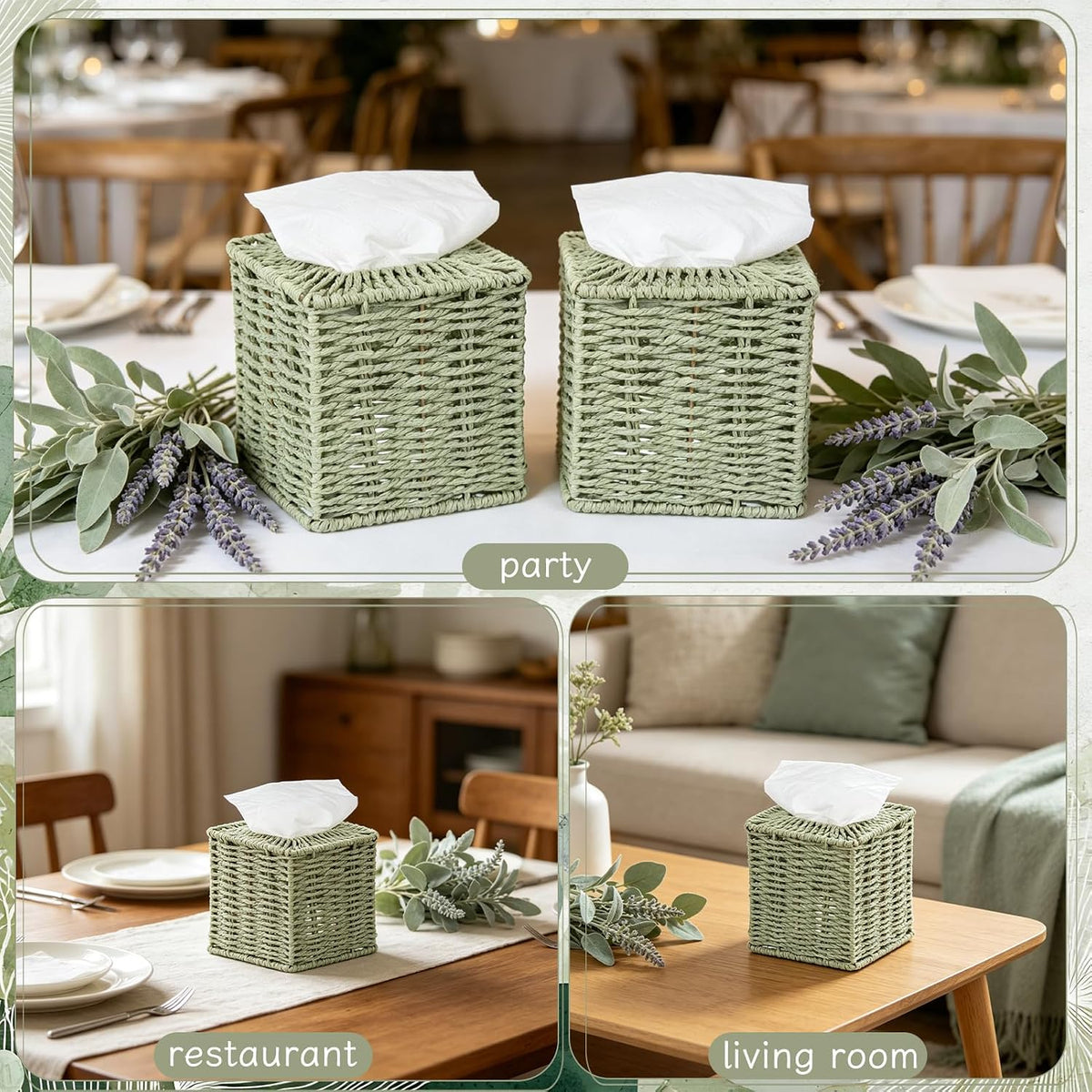 2 Pack Sage Green Tissue Box Cover Decorative Square Boho Natural Paper Rope Hand Woven Tissue Box Holder for Bathroom Bohemian Desk Bathroom Dresser Living Room Office Storage Container