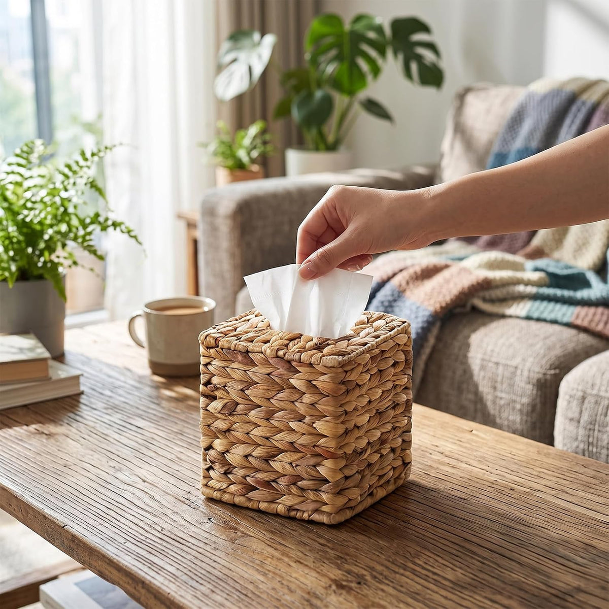 4 Pack Wicker Tissue Box Cover Square, Rattan Woven Tissue Box Holder