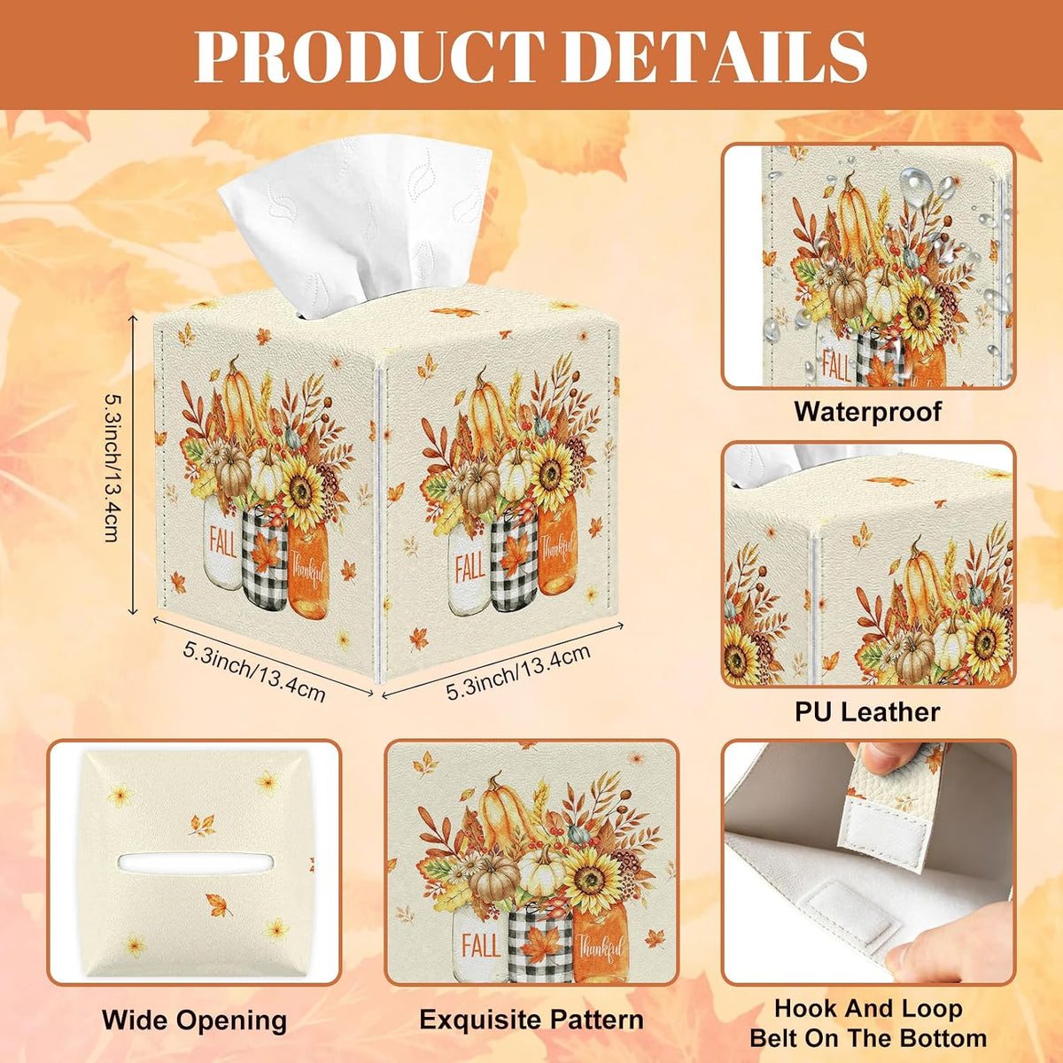 Fall Tissue Box Cover, Autumn Square Tissue Box Cover, PU Leather
