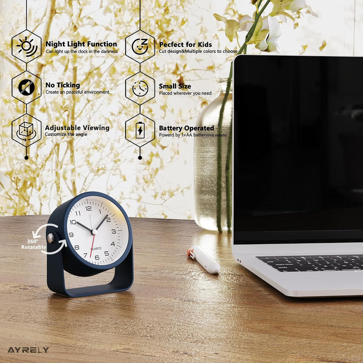 AYRELY® 3.5" Small Analog Travel Alarm Clock, Battery Operated Desk Clock