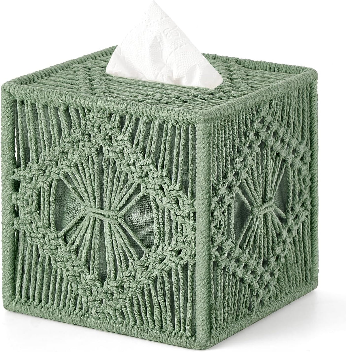 Mkono Tissue Box Cover Square, Boho Macrame Decor Open-Bottom Holder, Green