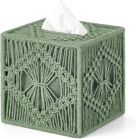 Mkono Tissue Box Cover Square, Boho Macrame Decor Open-Bottom Holder, Green