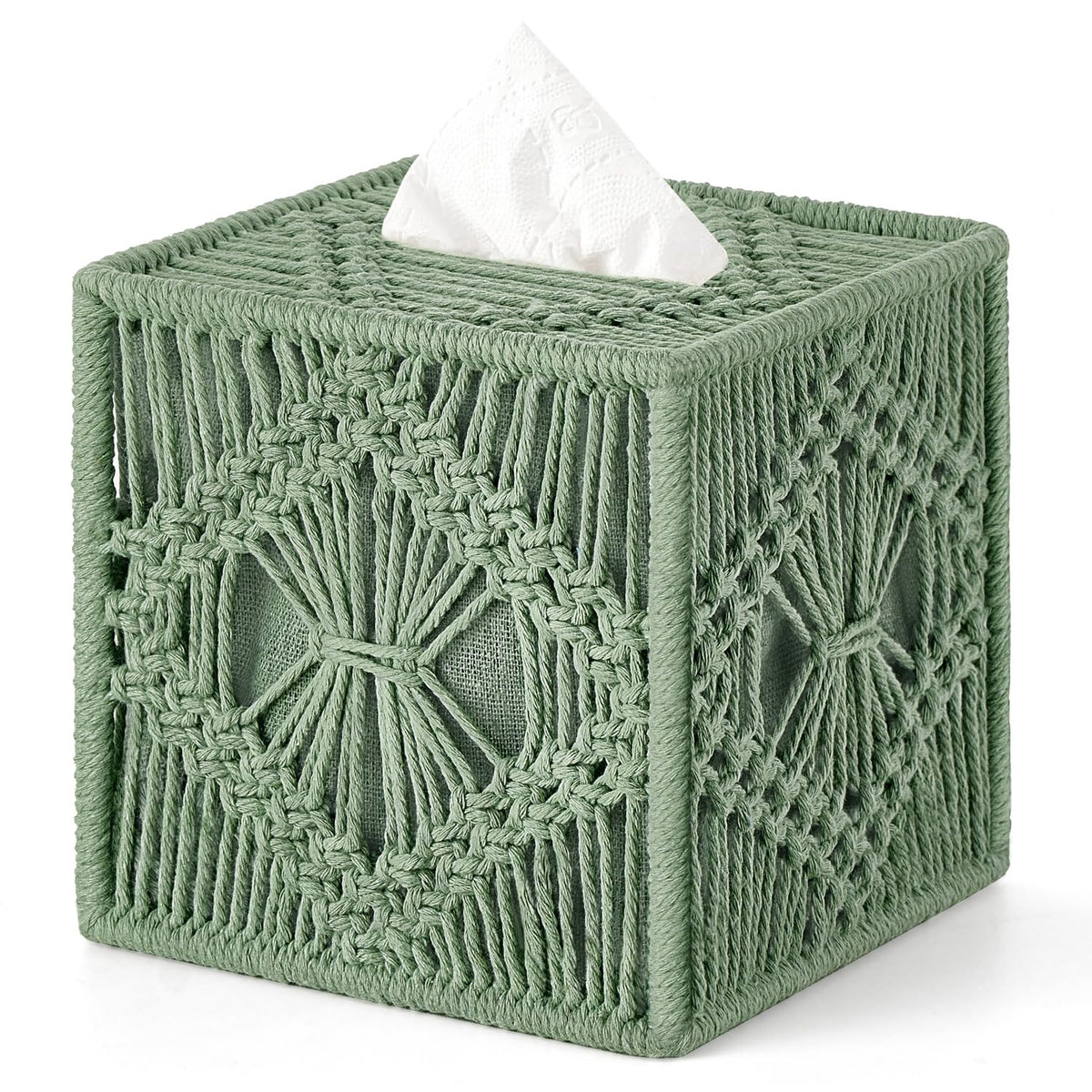 Mkono Tissue Box Cover Square, Boho Macrame Decor Open-Bottom Holder, Green