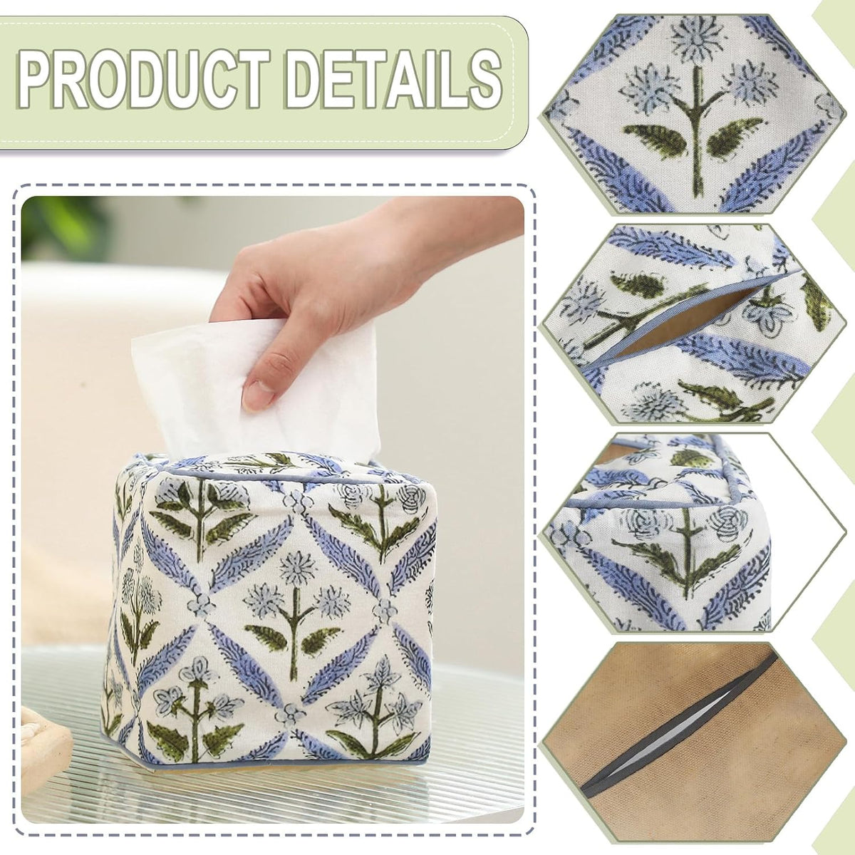 Mimorou Fabric Tissue Box Cover Floral Print Tissue Box, Blue
