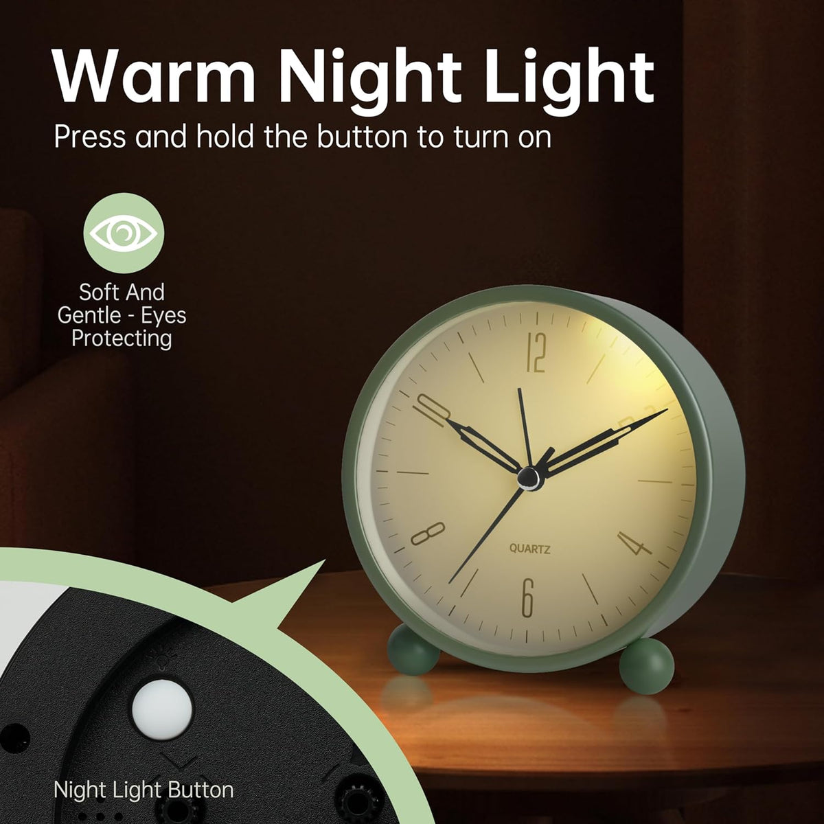 JALL Analog Alarm Clock, 4 inch Super Silent Non Ticking Small Clock with Night Light, Battery Operated, Simple Design, Old Fashioned Style Ideal Decor, for Bedroom, Bedside, Desk, Adult, Gift, Green