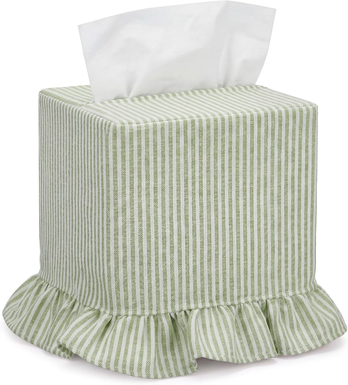 Sawysine Green Striped Fabric Tissue Box Cover, Square Ruffled Farmhouse