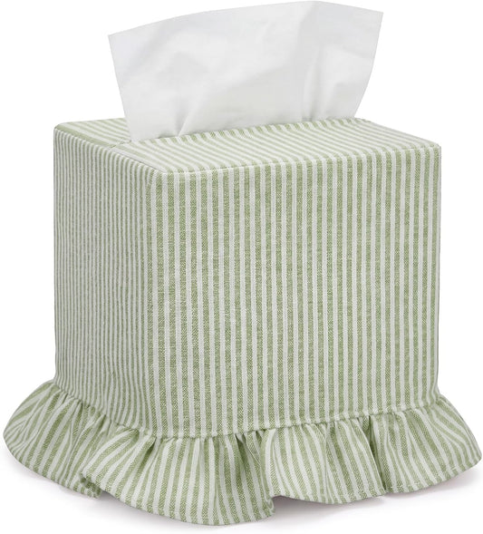 Sawysine Green Striped Fabric Tissue Box Cover, Square Ruffled Farmhouse