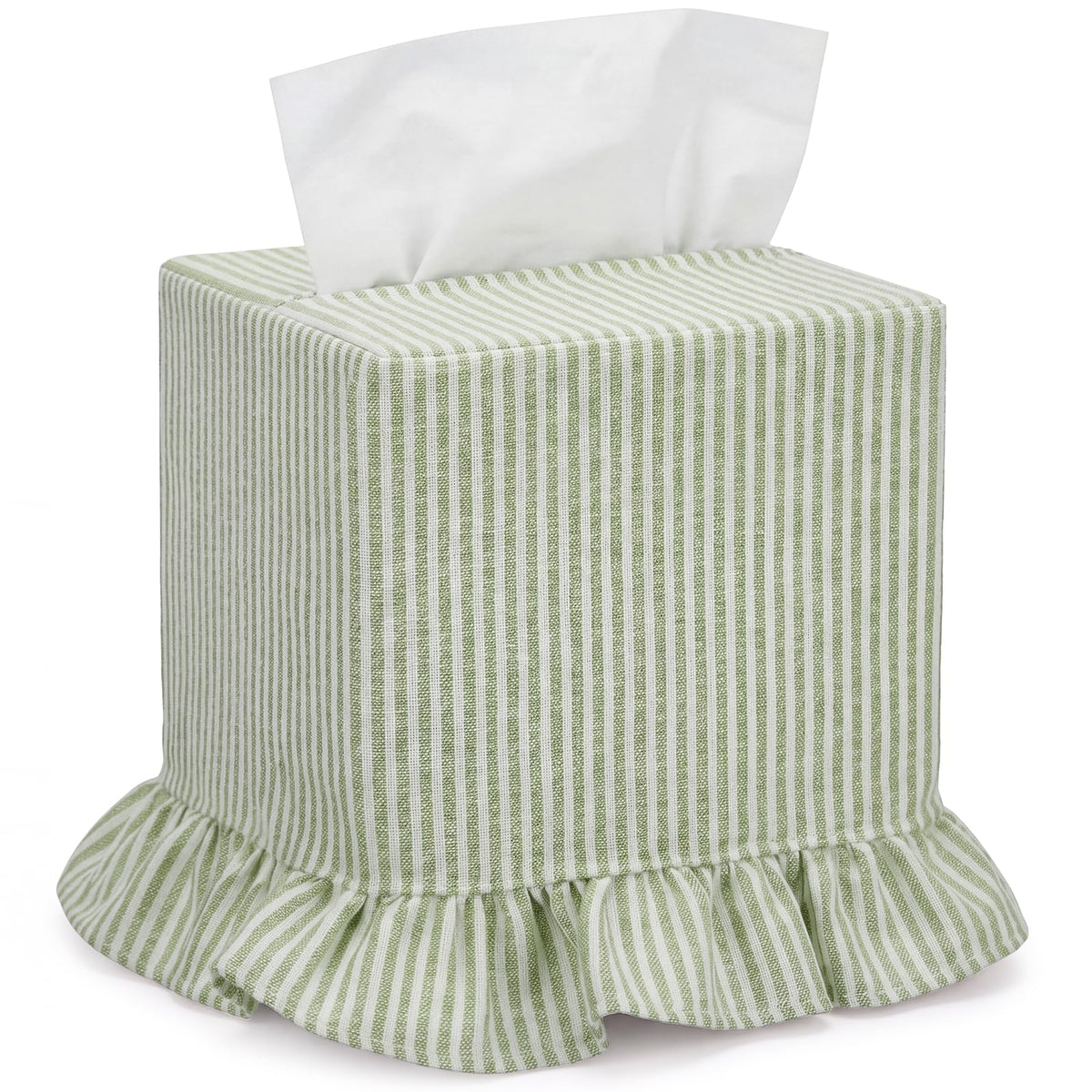 Sawysine Green Striped Fabric Tissue Box Cover, Square Ruffled Farmhouse