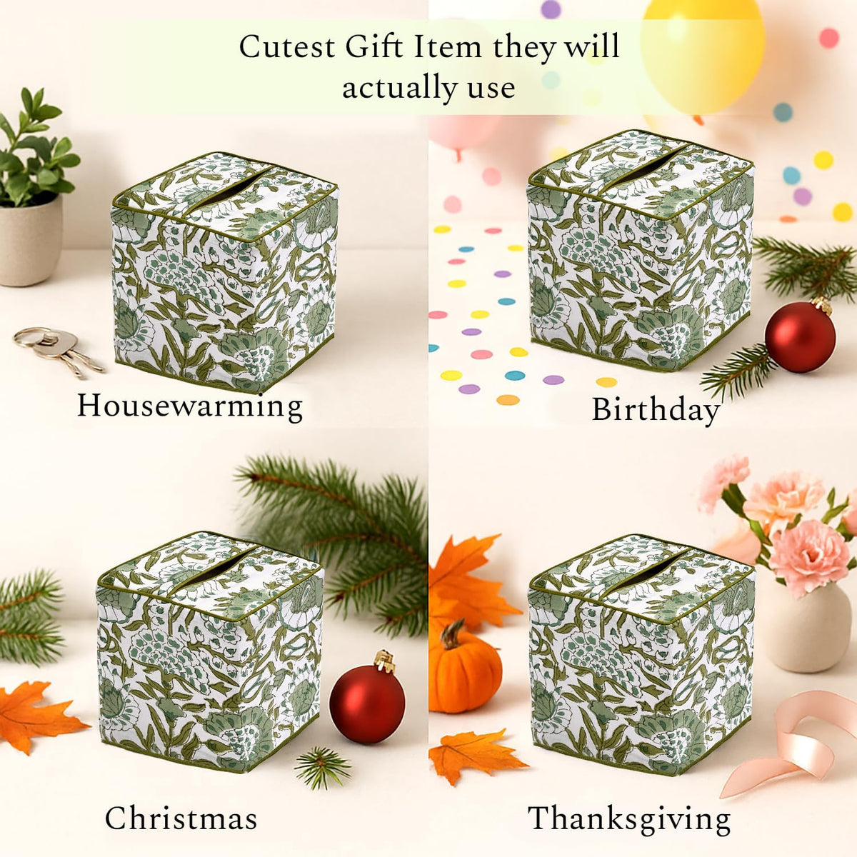 CPC Agate Green Block Print Square Tissue Box Cover 100% Cotton
