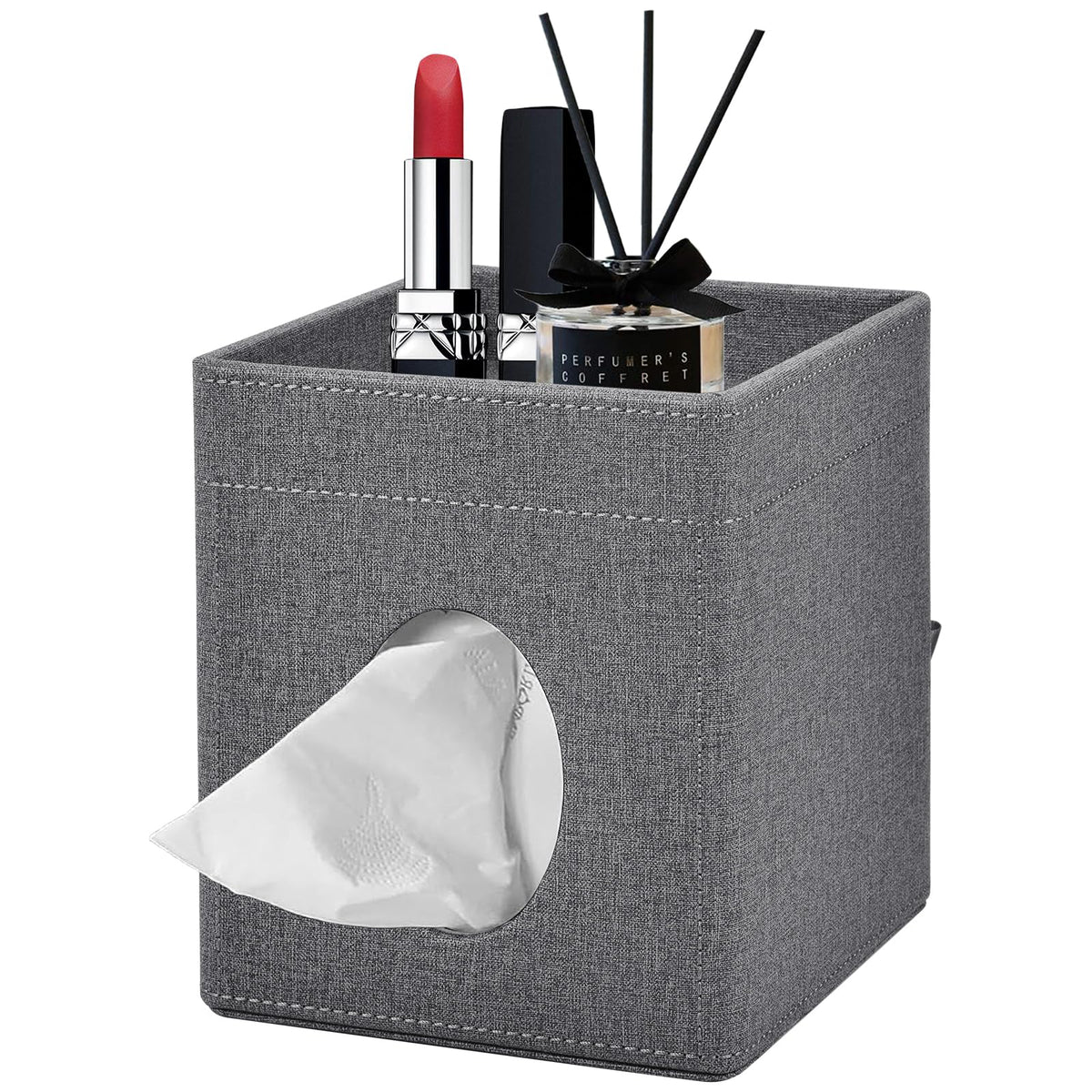 Tissue Box Cover Square Tissue Box Holder PU Leather Facial Tissues Organizer with Storage Tray for Bathroom Vanity Bedroom Office Car, Stylish Napkin Caddy Decorative Organizer (Black)
