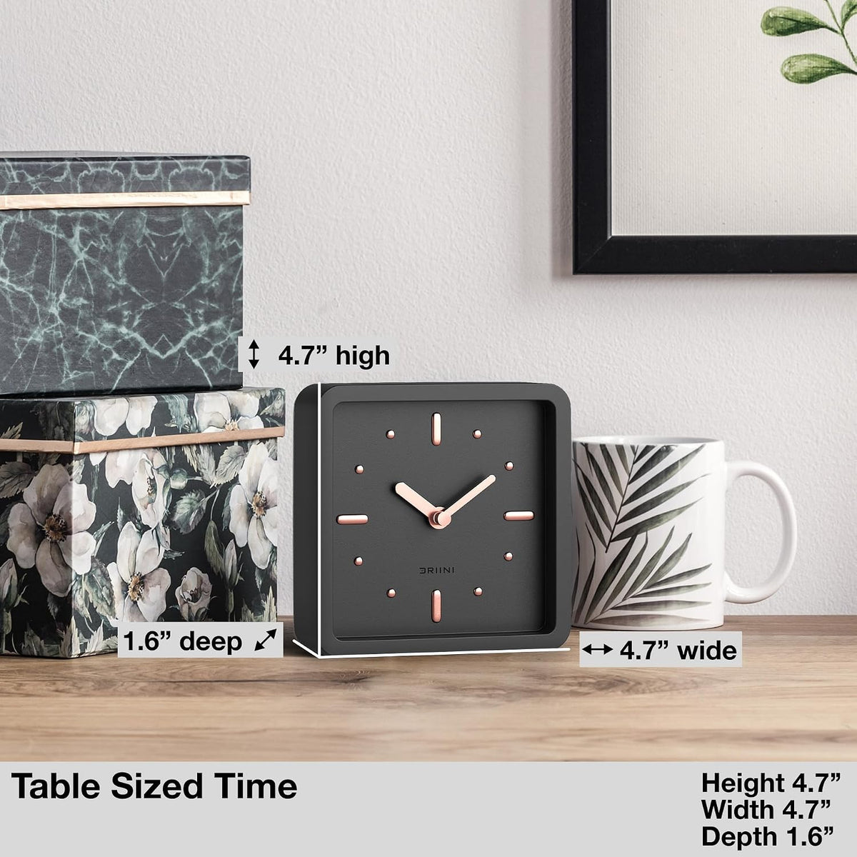 Driini Small Square Modern Desk Clock – Silent Analog, Black and Rose Gold