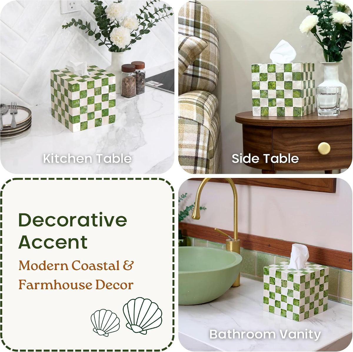CHI AN HOME 5.5" Capiz Checkered Square Tissue Box Cover, Pistachio Green