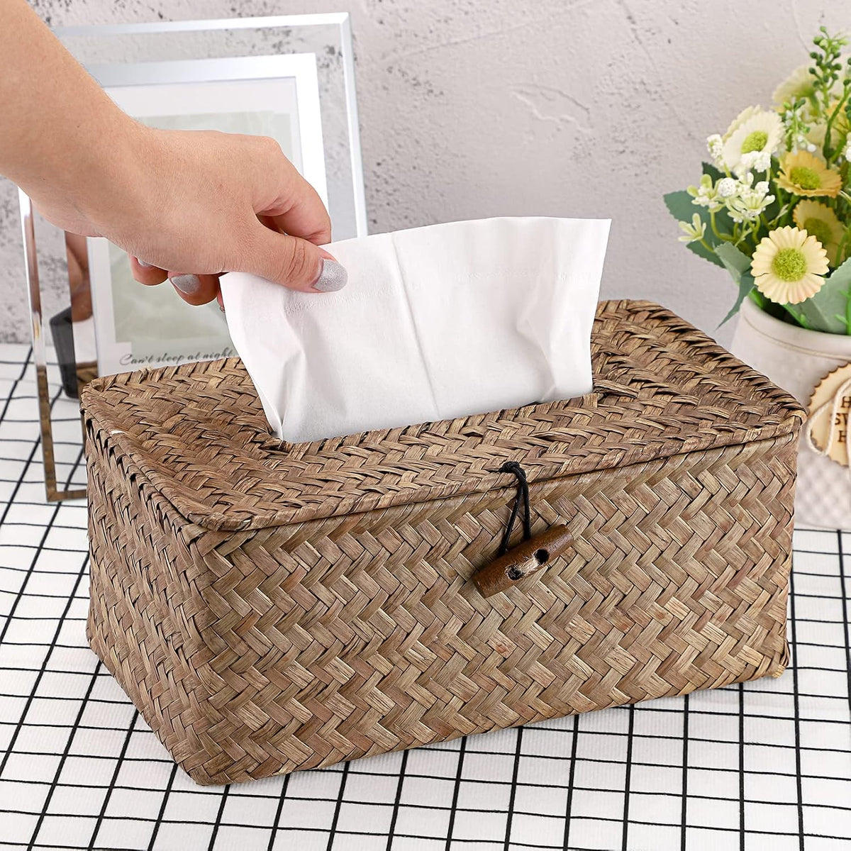 Sumnacon Tissue Box Cover Rectangle Seagrass Woven Tissue Box Holder,Coffee