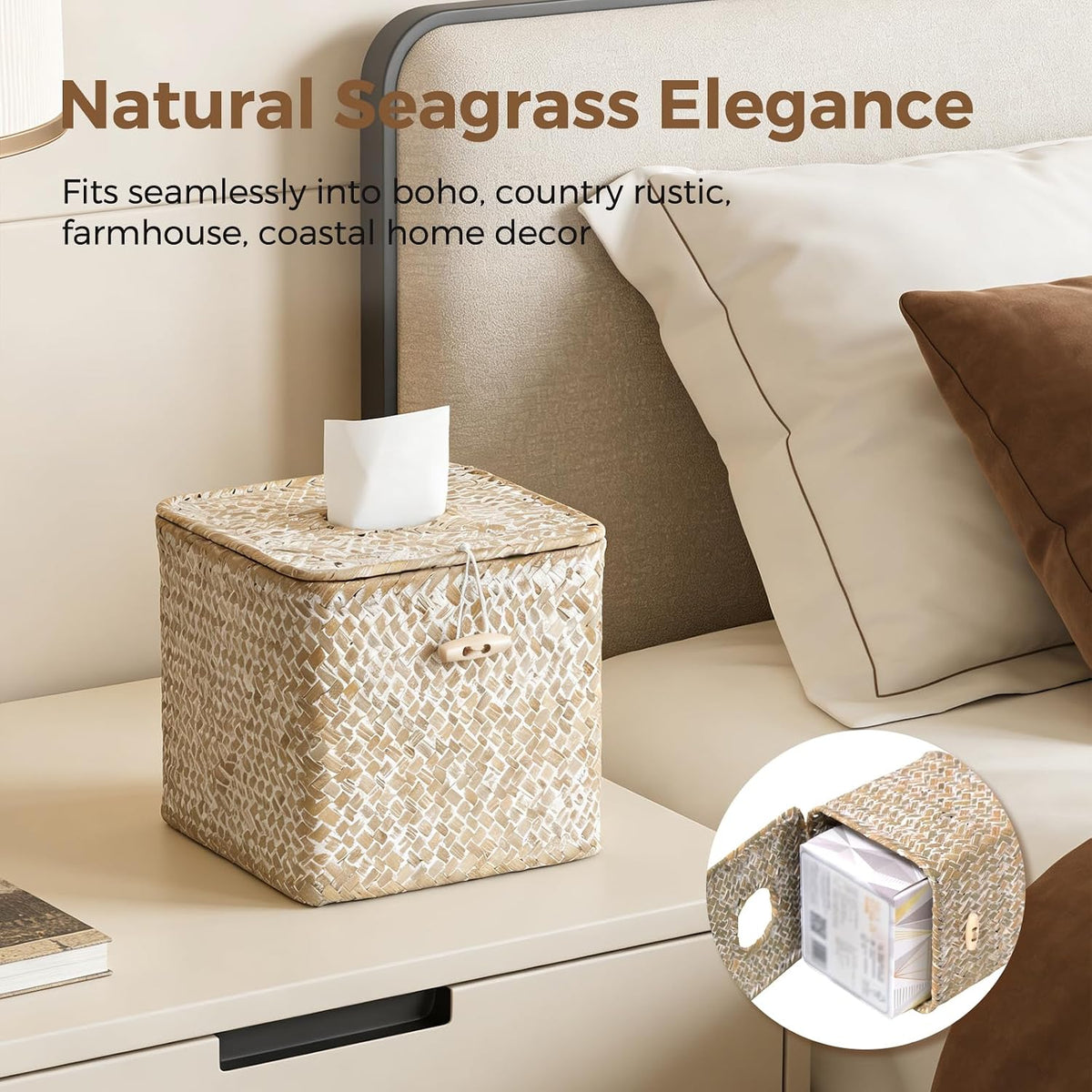 Seagrass Tissue Box Cover Square, Woven Wicker Tissue Box Holder, Whitewash