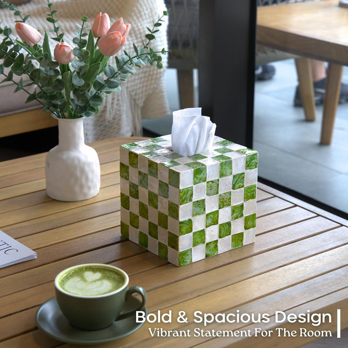 CHI AN HOME 5.5" Capiz Checkered Square Tissue Box Cover, Pistachio Green