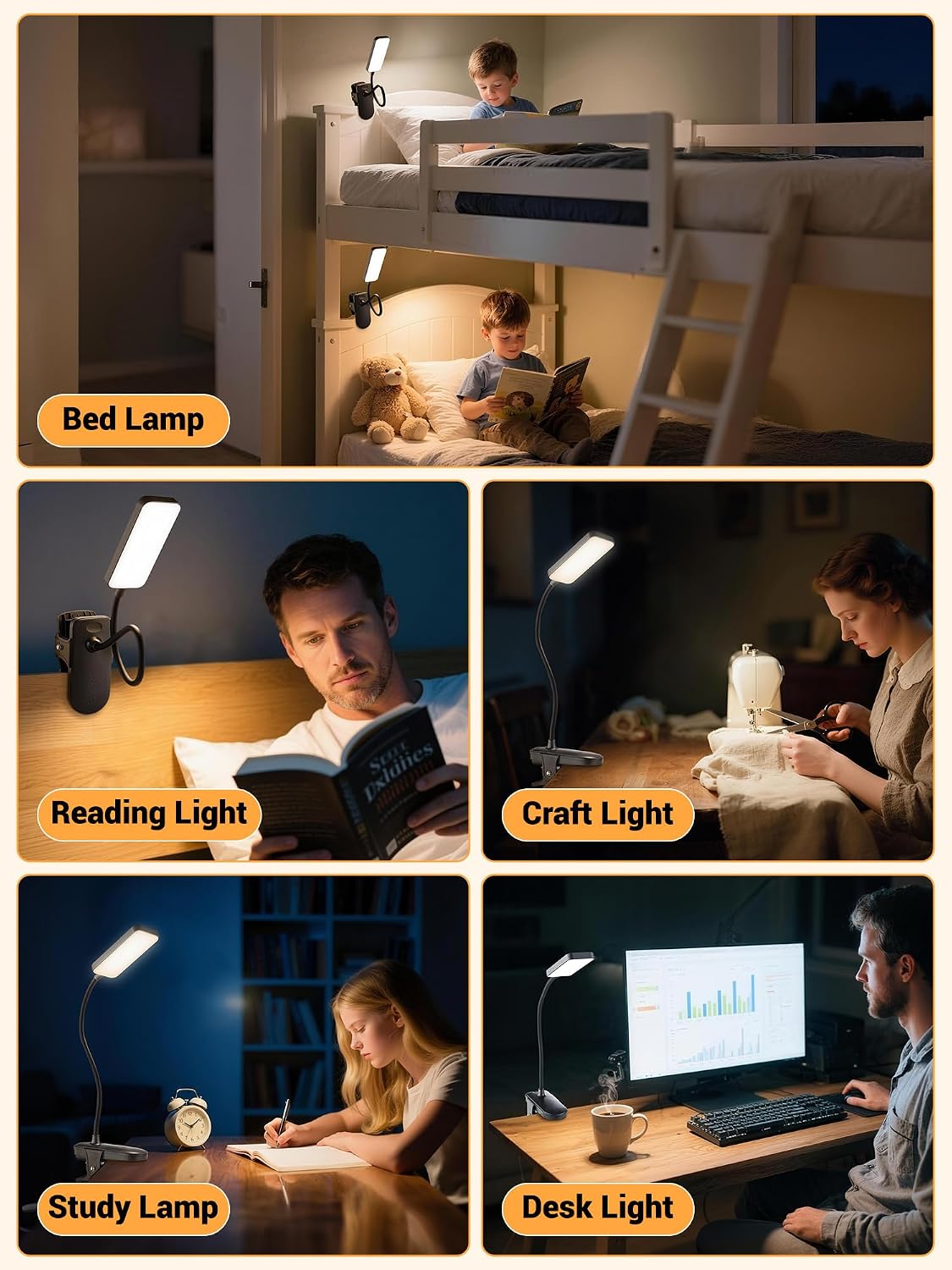 Clip on Light,9 Brightness+5 Color Rechargeable Lamp,48 LED Small Desk Lamp