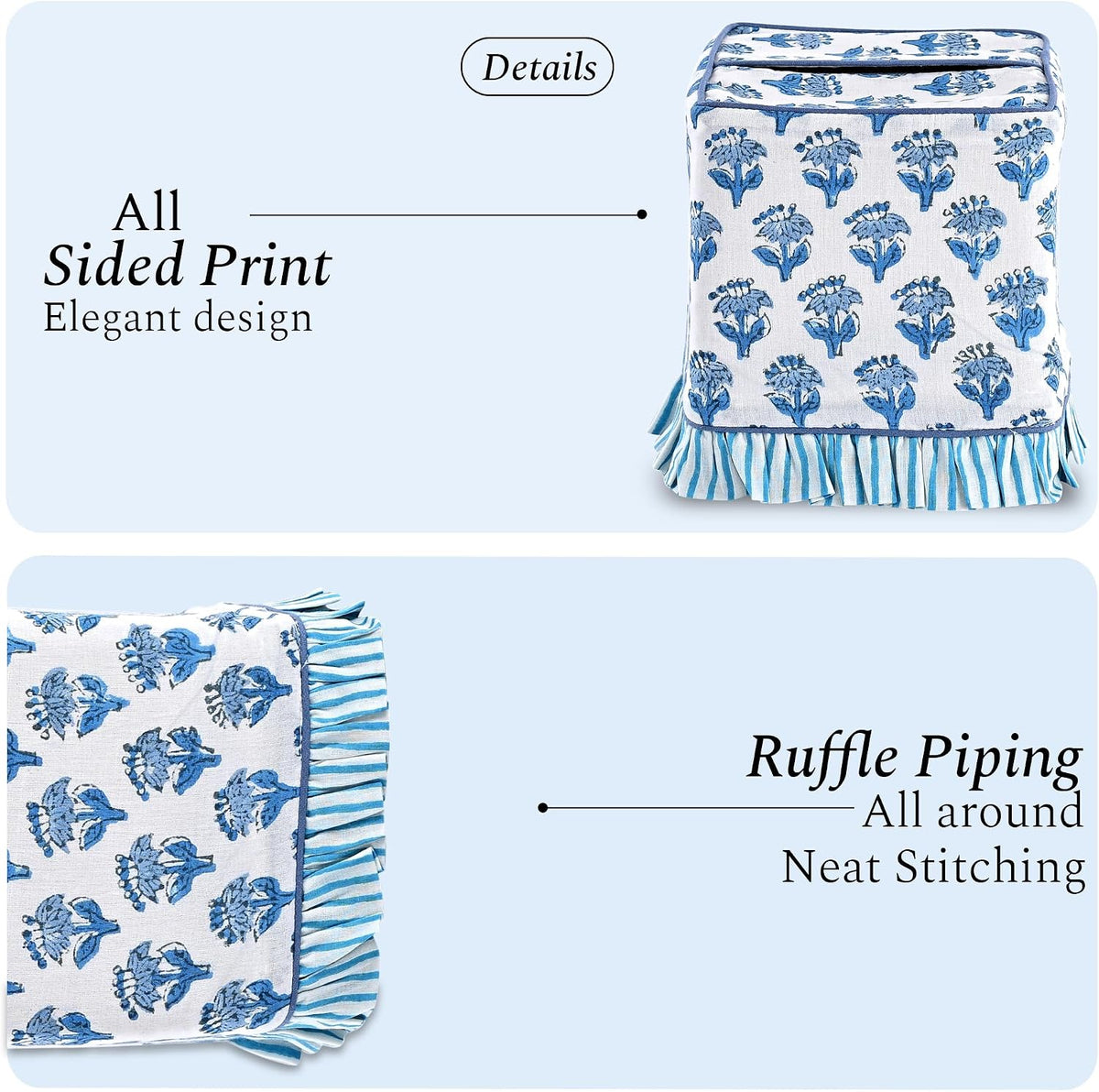 CPC Apatite Blue Hand Block Print Cotton Square Ruffle Tissue Box Cover