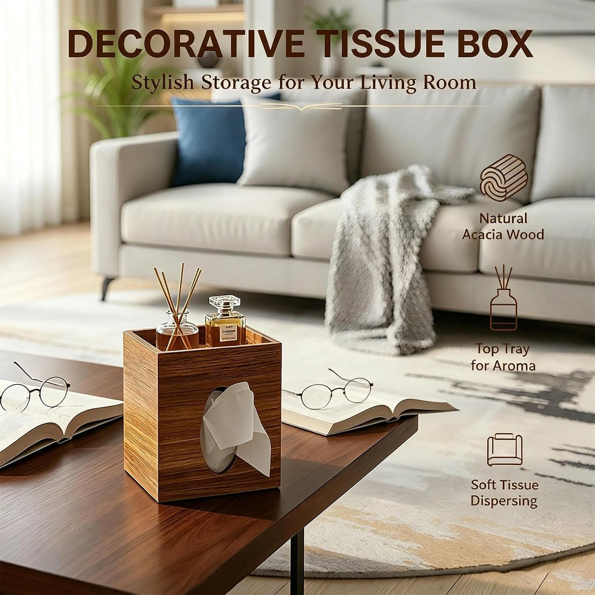 Acacia Wooden Tissue Box Cover, Square Tissue Box Cover with Storage Tray, Decorative Tissues Boxes Covers, Modern Farmhouse Decor Tissues Holder for Bathroom, Bedroom, Dinner Table,Office,Kitchen