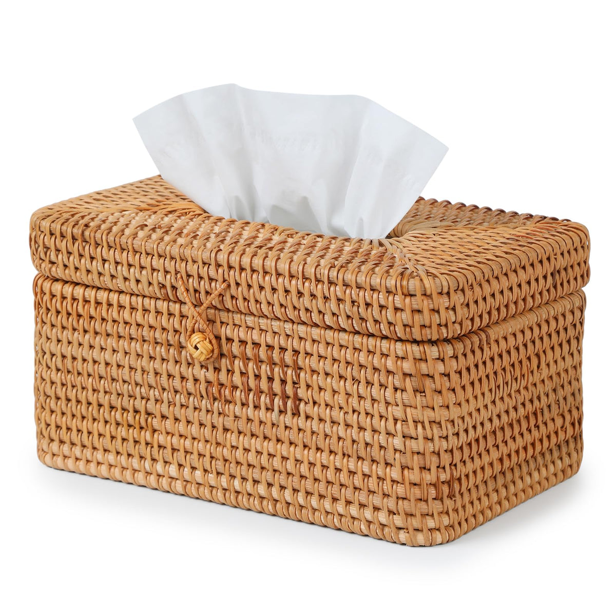 Rattan Square Tissue Box Cover, 5.7" x 5.7" x 5", Decorative Woven Facial Tissue Holder with Hinged Top Lid, Natural Color