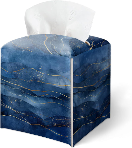 Blue Tissue Box Cover, Watercolor Navy and Gold Marble Tissue Box Cover Square-Waterproof Leather, Home Desktop Decor for Living Room, Office, Gift for Women & Friend, 5 x 5 Inches-A01