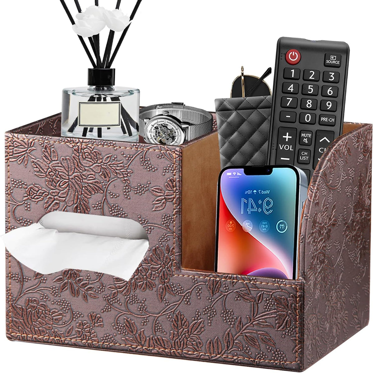 PU Leather Square Tissue Box Cover with Storage Tray,Cube Tissue Box Holder