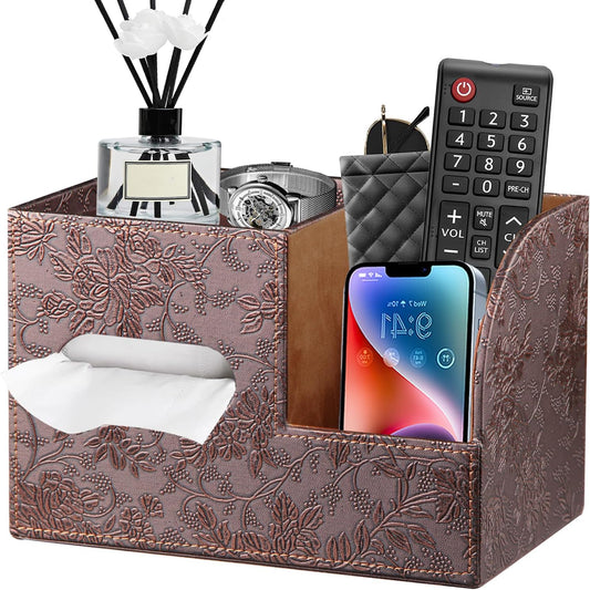 PU Leather Square Tissue Box Cover with Storage Tray,Cube Tissue Box Holder