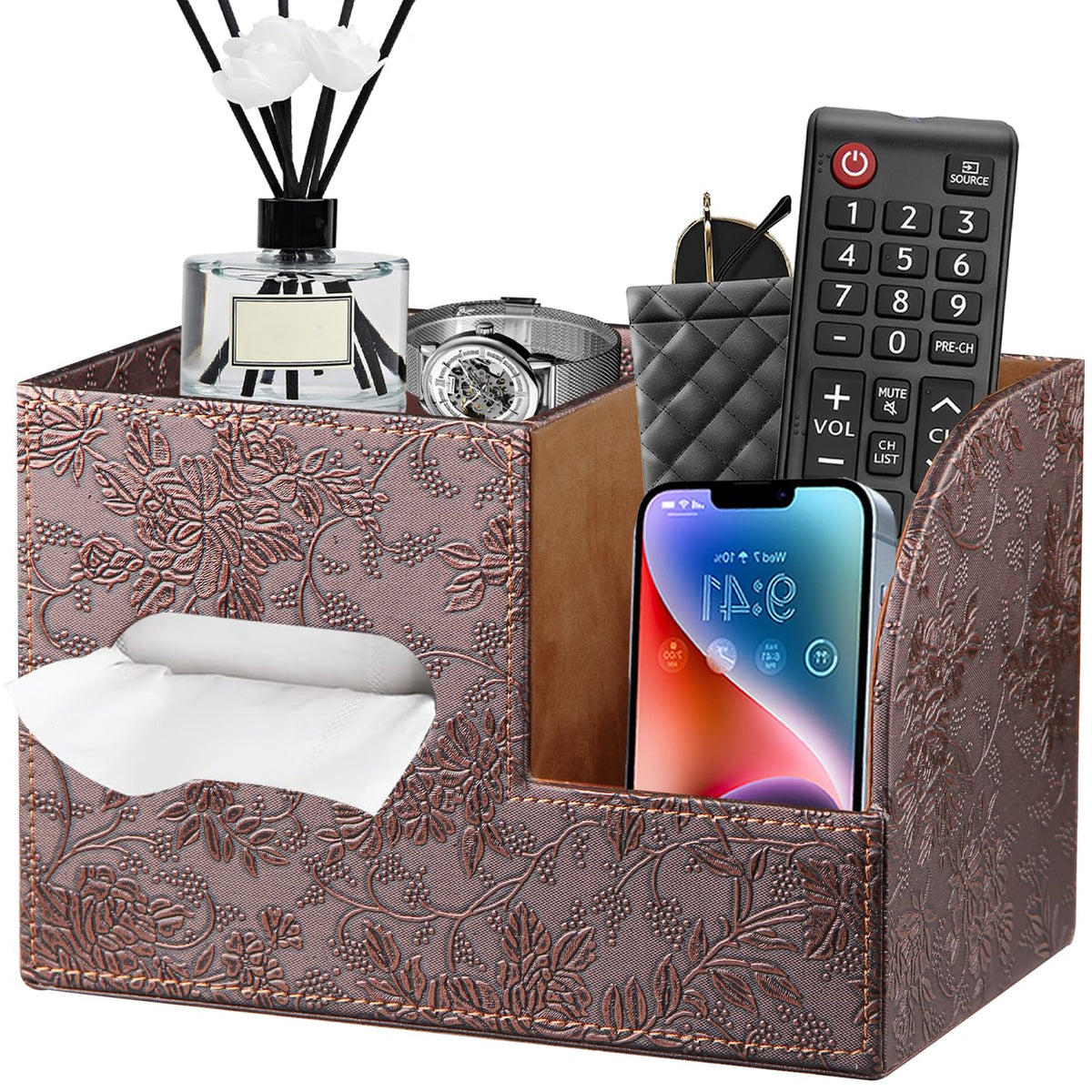 PU Leather Square Tissue Box Cover with Storage Tray,Cube Tissue Box Holder