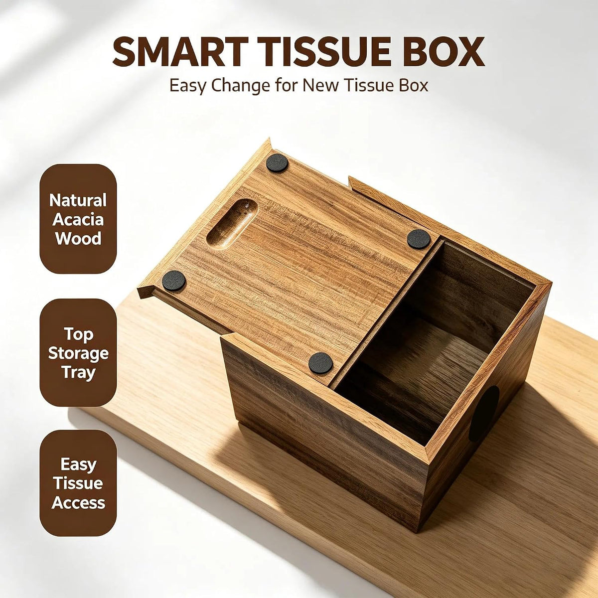 Acacia Wooden Tissue Box Cover, Square Tissue Box Cover with Storage Tray, Decorative Tissues Boxes Covers, Modern Farmhouse Decor Tissues Holder for Bathroom, Bedroom, Dinner Table,Office,Kitchen