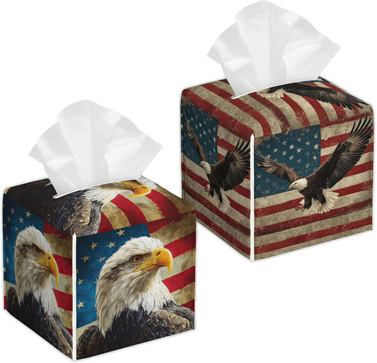 American Flag and Eagle 2 Pcs Tissue Box Cover Square, Tissue Box Holder Waterproof Leather Facial Paper Organizer Dispenser for Bathroom Home Car Nightstand