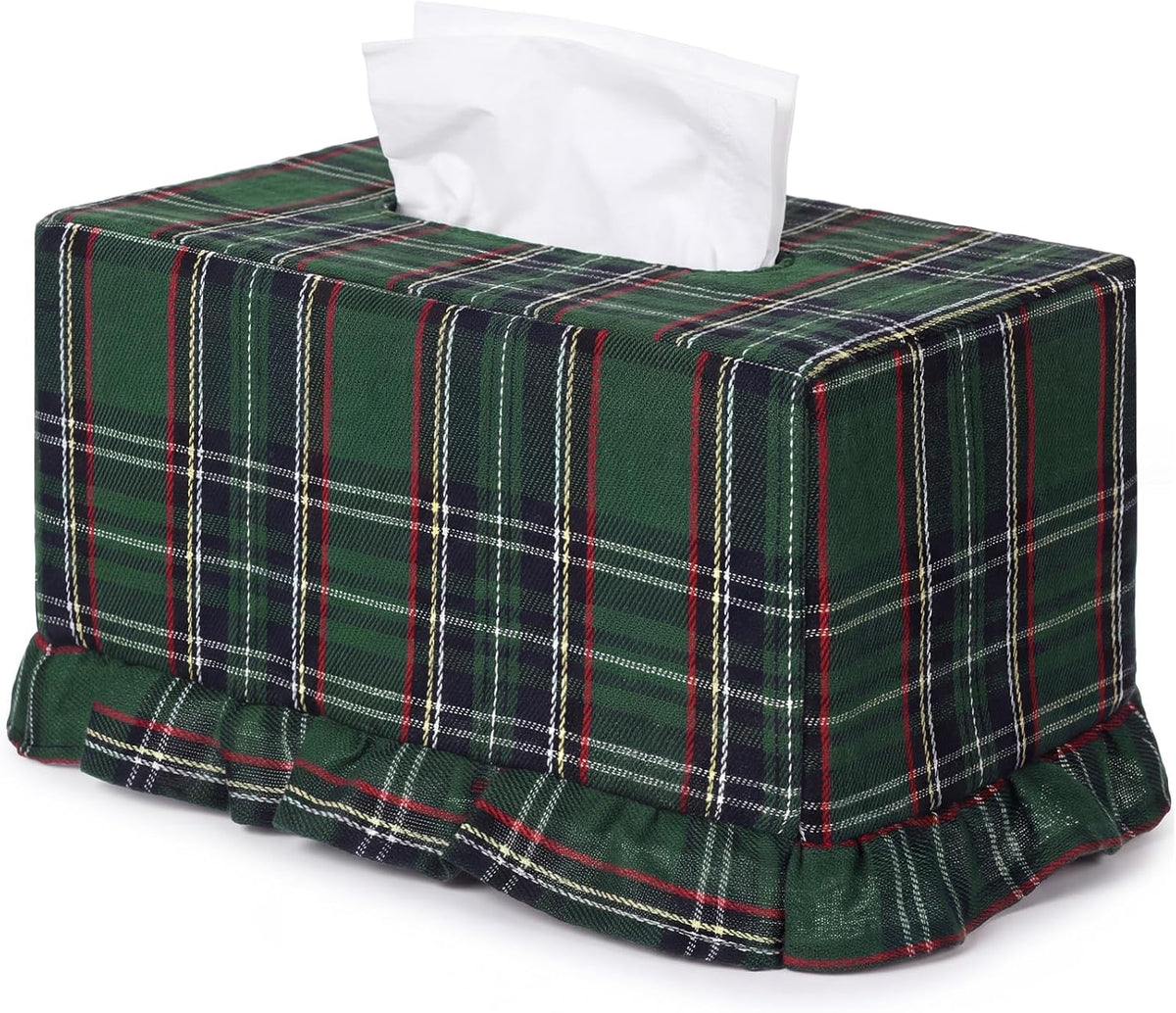 Sawysine Green Striped Fabric Tissue Box Cover, Square Ruffled Farmhouse