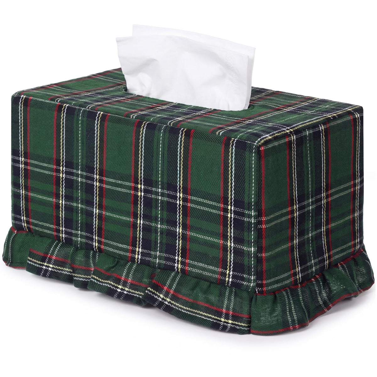 Sawysine Green Striped Fabric Tissue Box Cover, Square Ruffled Farmhouse