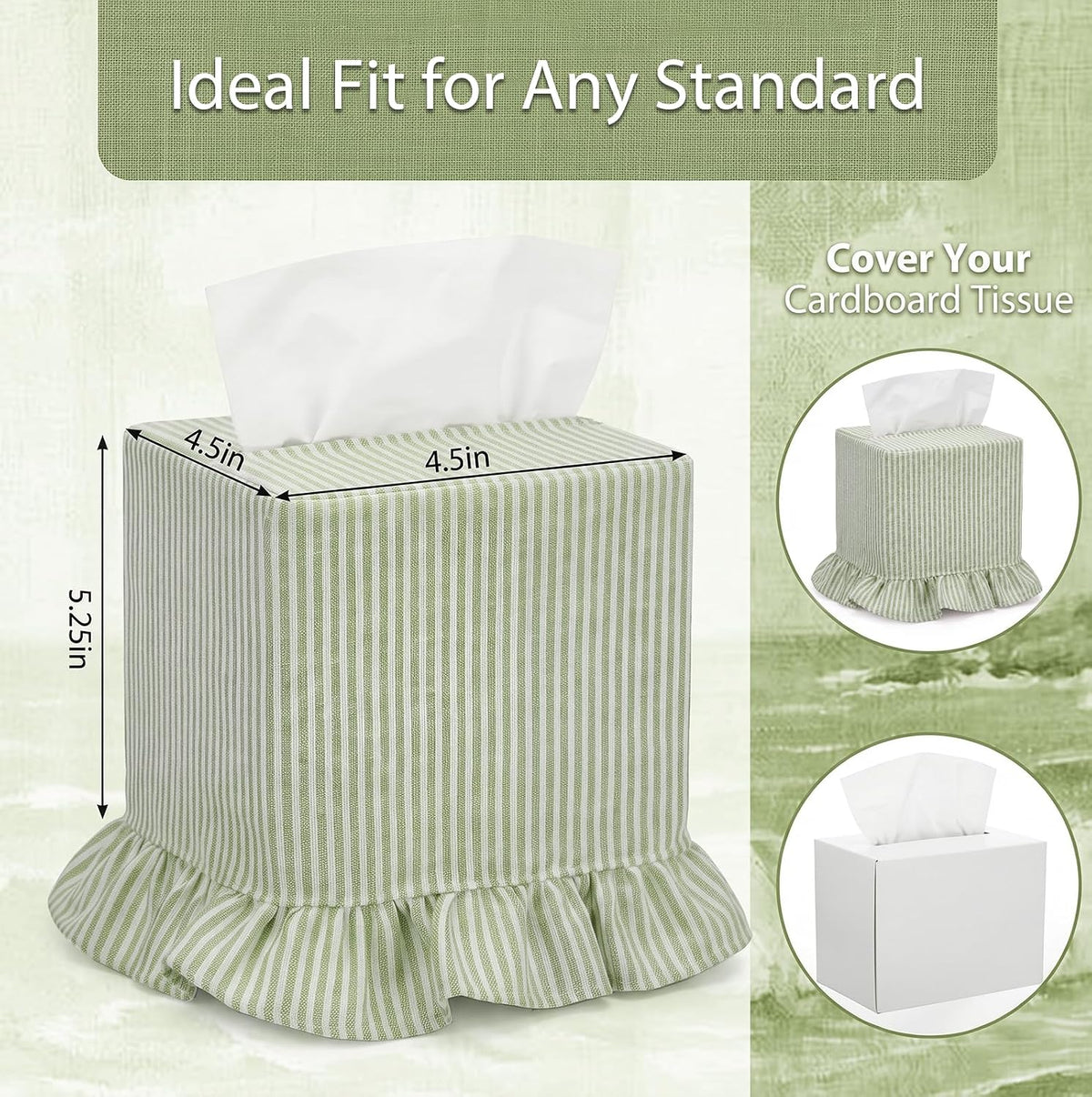 Sawysine Green Striped Fabric Tissue Box Cover, Square Ruffled Farmhouse