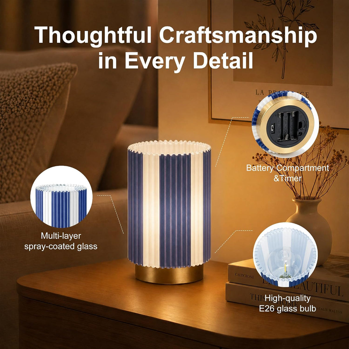 Battery Operated Lamp, Glass Cordless Table Lamp with Timer