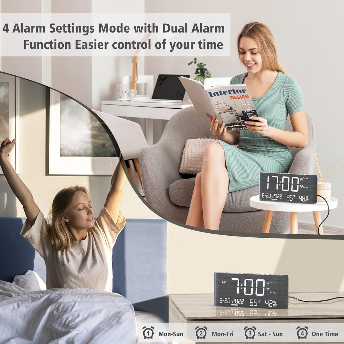 Mesqool Digital Alarm Clock, with Calendar Temperature and Humidity