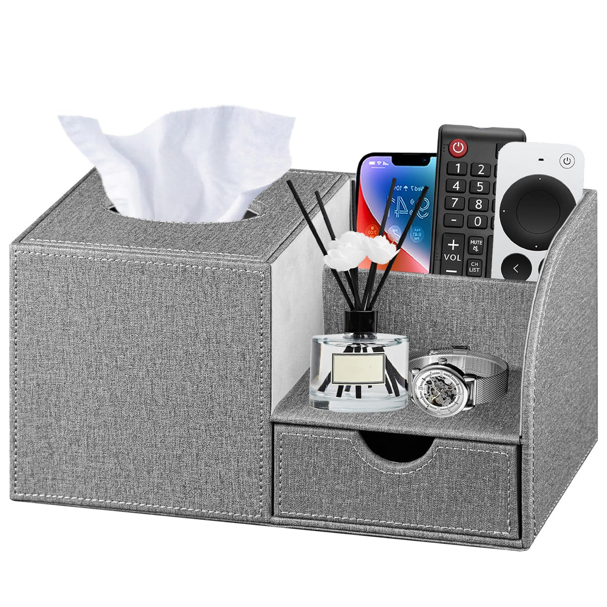 Nightstand Organizer with Tissue Holder,PU Leather Square Tissue Box Cover
