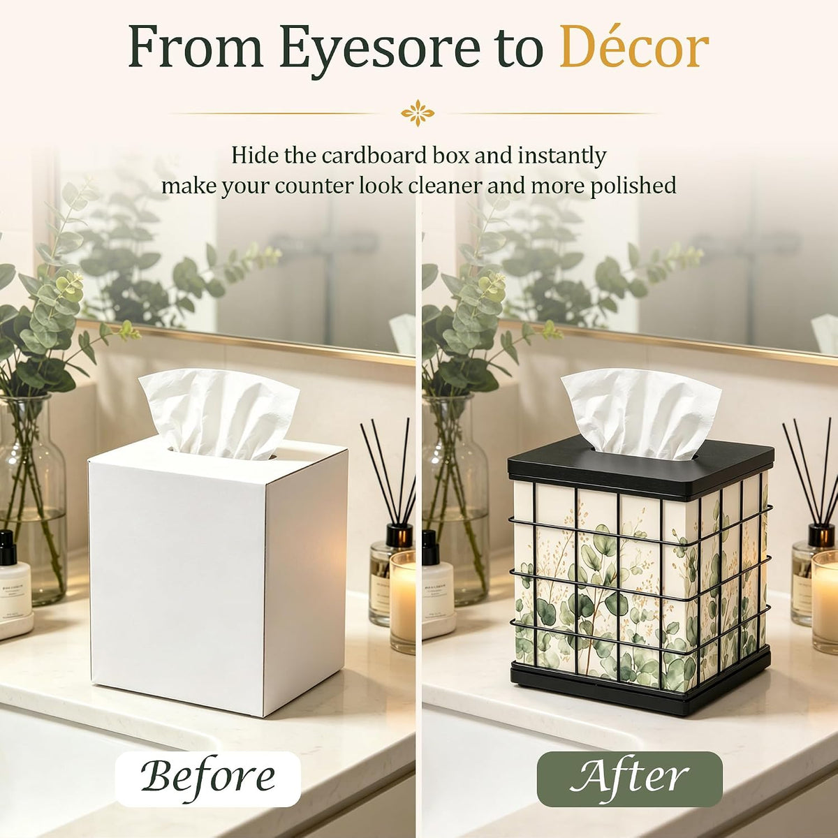 Tissue Box Cover Square Oak Wood & Metal, 4 Seasonal Panels Magnetic Bottom