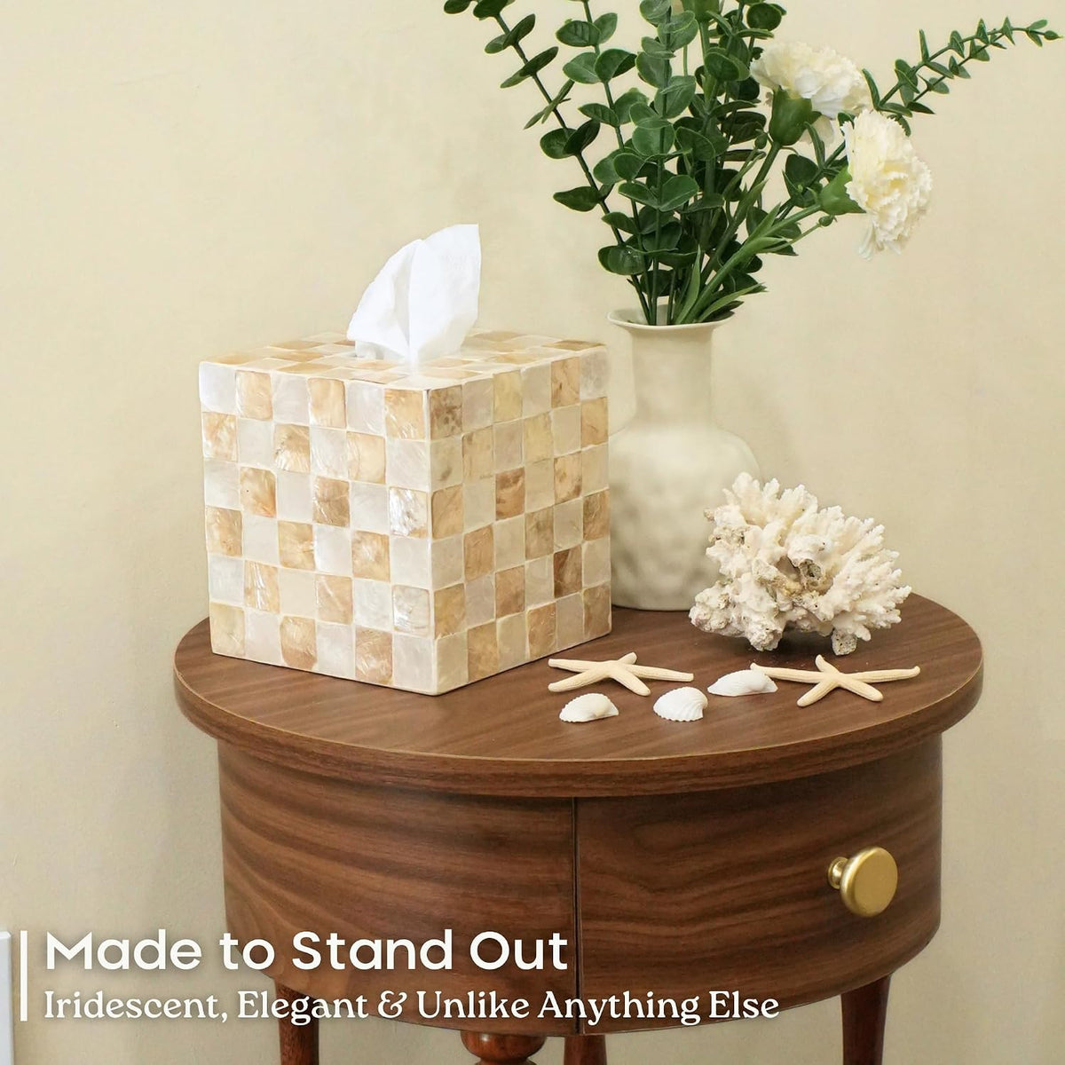 CHI AN HOME 5.5" Tissue Box Cover Square, Capiz Shell Tissue Holder, Ivory
