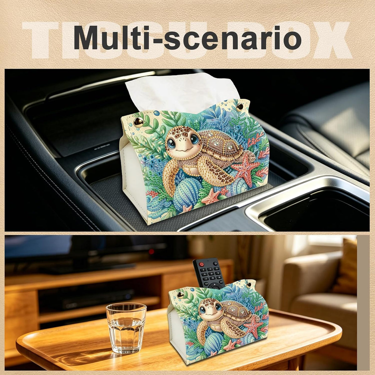 DIY Diamond Art Tissue Box Holder Kit, PU Leather Diamond Painting Folded Facial Tissue Holder, Crystal Art Storage Box Organizer for Home Office Desktop Decor (Sea Turtle)