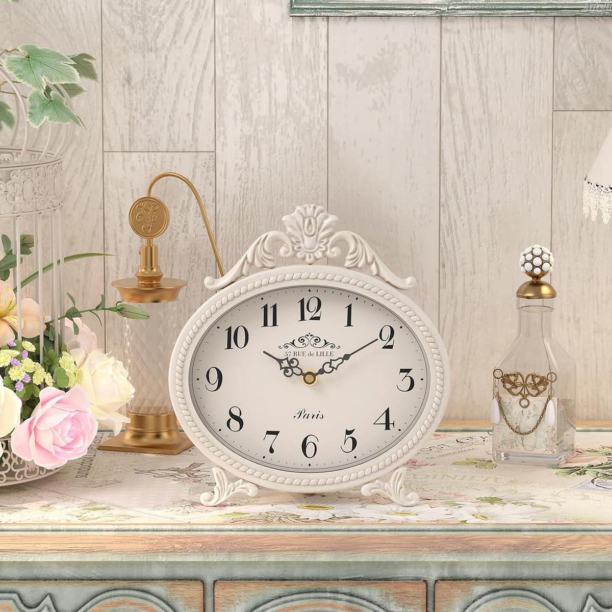 Abdurey Vintage Table Clock,Antique White French Rustic Style Mantel Clock