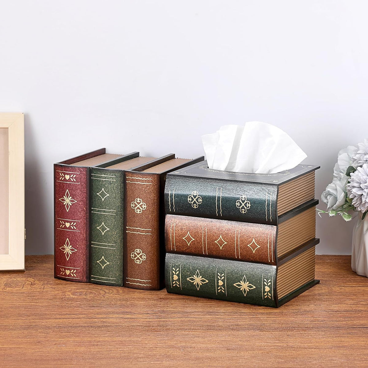 Antique Wooden Book Tissue Holder, Decorative Square Tissue Cover