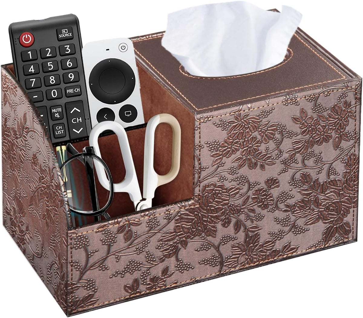 Square Tissue Box Cover with Storage, PU Leather Facial Cube Tissue Holder