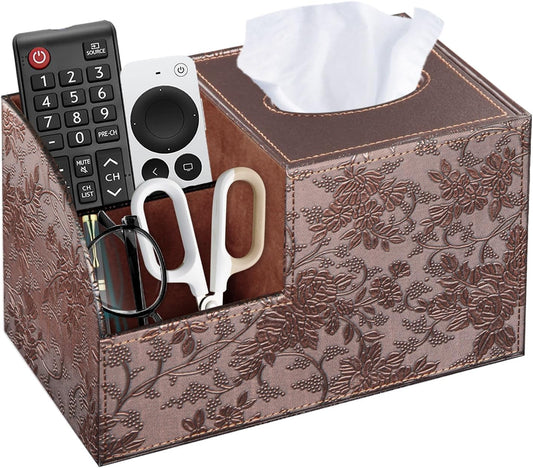 Square Tissue Box Cover with Storage, PU Leather Facial Cube Tissue Holder