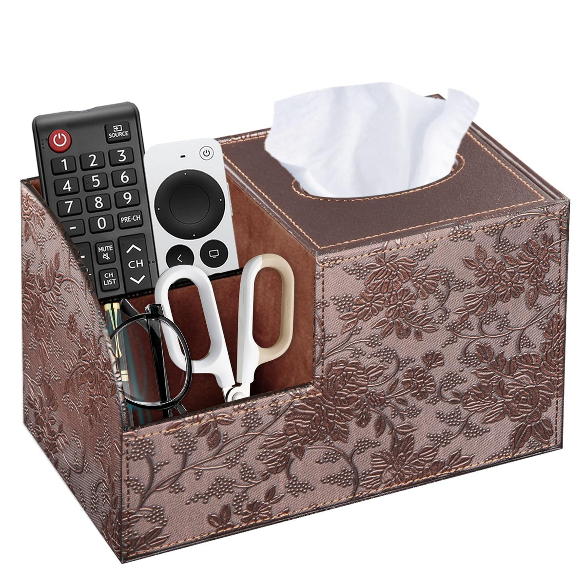 Square Tissue Box Cover with Storage, PU Leather Facial Cube Tissue Holder
