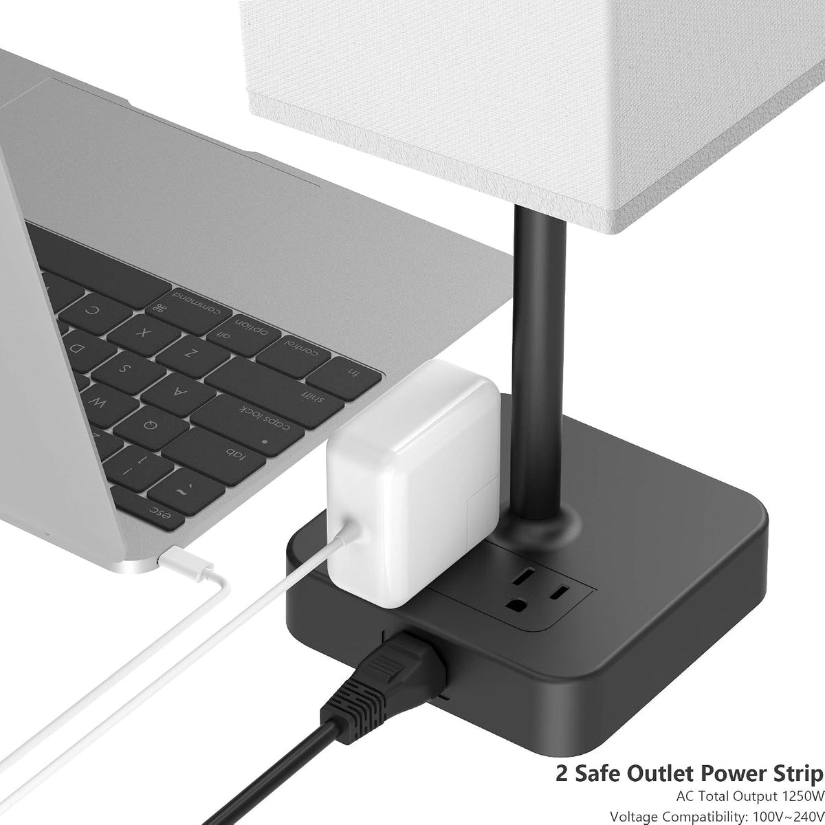 Bedside Table Lamp with Touch Control & USB C+A Charging Ports LED Desk Lamp with 2 AC Outlets, Minimalist Nightstand Light with Black Fabric Shade for Bedroom, Living Room, Office, White